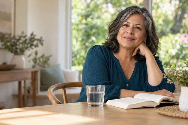 A smiling woman with gray-streaked hair resting at a sunlit table